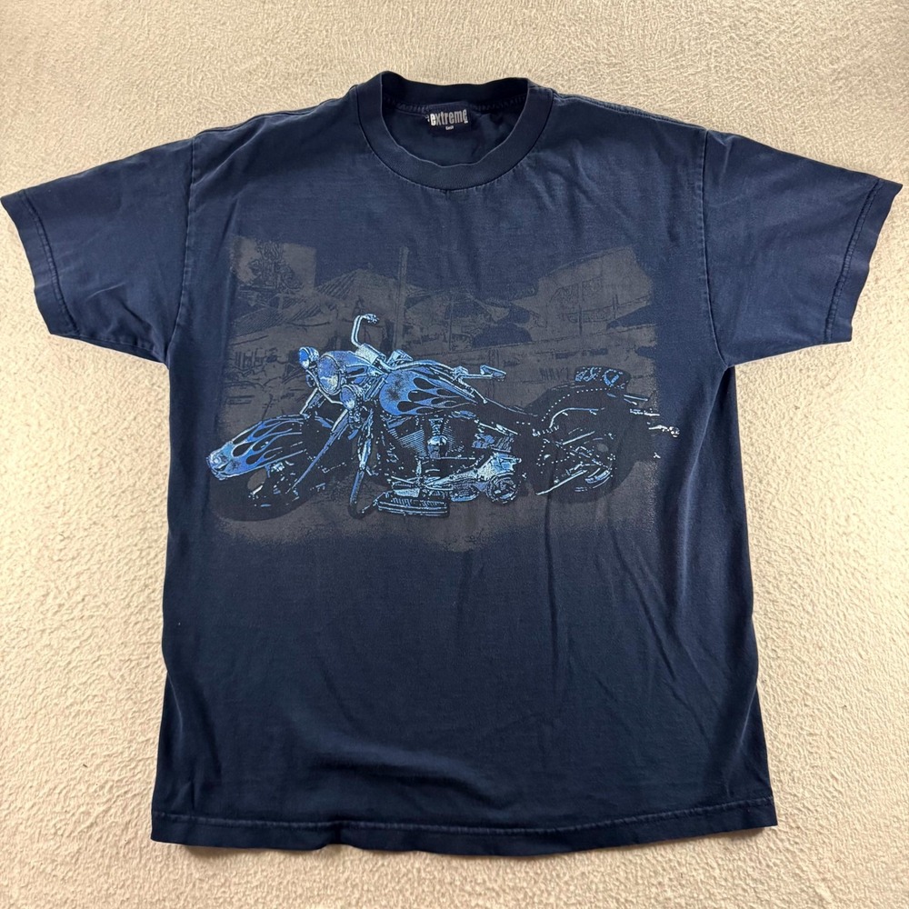 Extreme Limit Motorcycle Graphic T-Shirt Mens L Black Blue Flames Biker Y2K Edgy